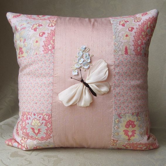 Hand Crafted Butterflies Pillow Covers In Silk Ribbon Embroidery by