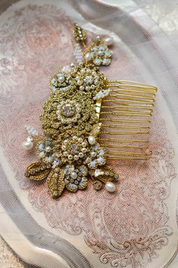 Custom Made Gold, Pearl Floral Wedding Comb | Something Blue Bridal Hair Accessory
