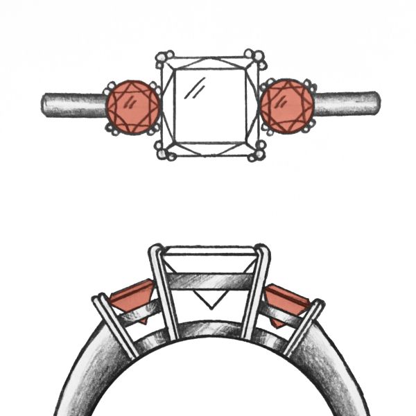 Our artist's design sketches for a three-stone ring with triple-prongs holding the center diamond, and double-prongs for the side garnets.