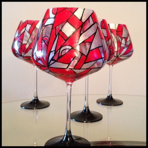 Hand Crafted Hand Painted Wine Glasses. Stained Glass Abstract Design