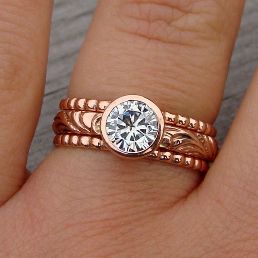 Custom Made Moissanite And Recycled 14k Rose Gold Stacked