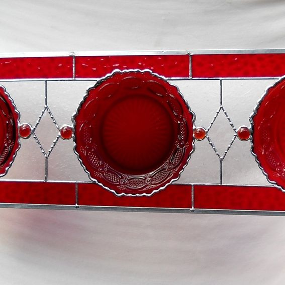 Hand Crafted Stained Glass Plate Panel With Vintage Avon Cape Cod Ruby