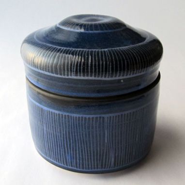 Custom Made Handmade Stoneware Covered Jar With Carved Pattern Blue Haze