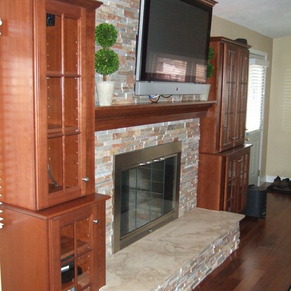 Hand Crafted Mantel, Crown Molding, Stone Fireplace Surround And