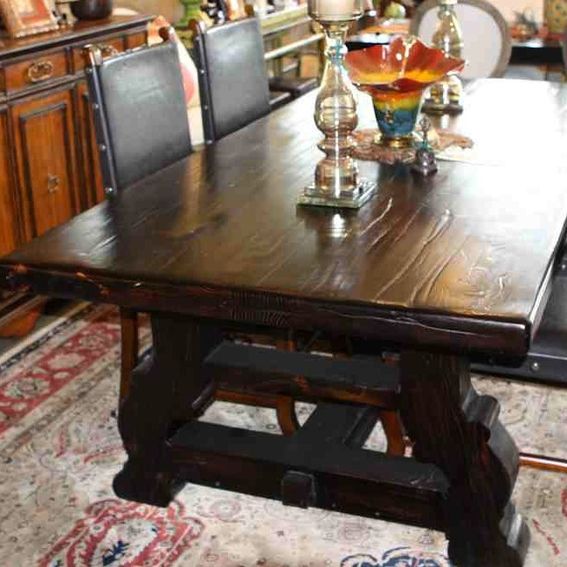 Custom Reclaimed Wood Spanish Trestle Dining Table In A Distressed Dark