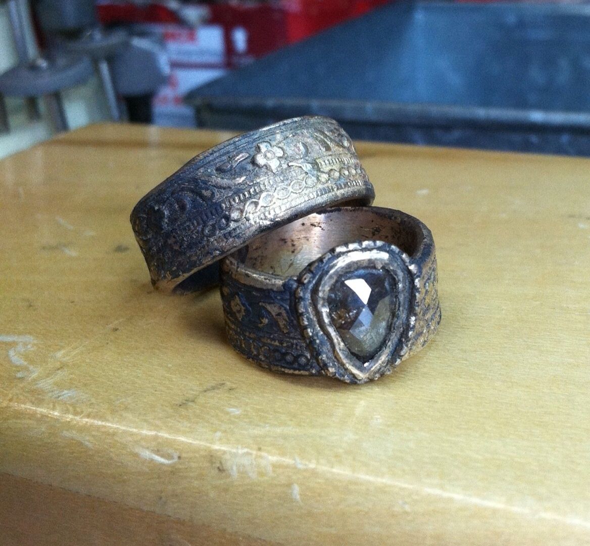 Buy a Custom Made Wide Rustic Gold Wedding Rings With Rose