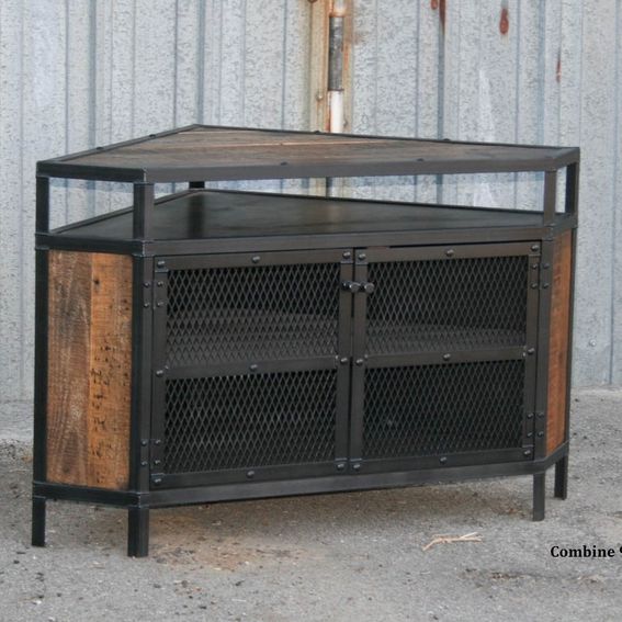 Custom Vintage Industrial Tv Stand Corner Unit. Steel, Reclaimed Wood