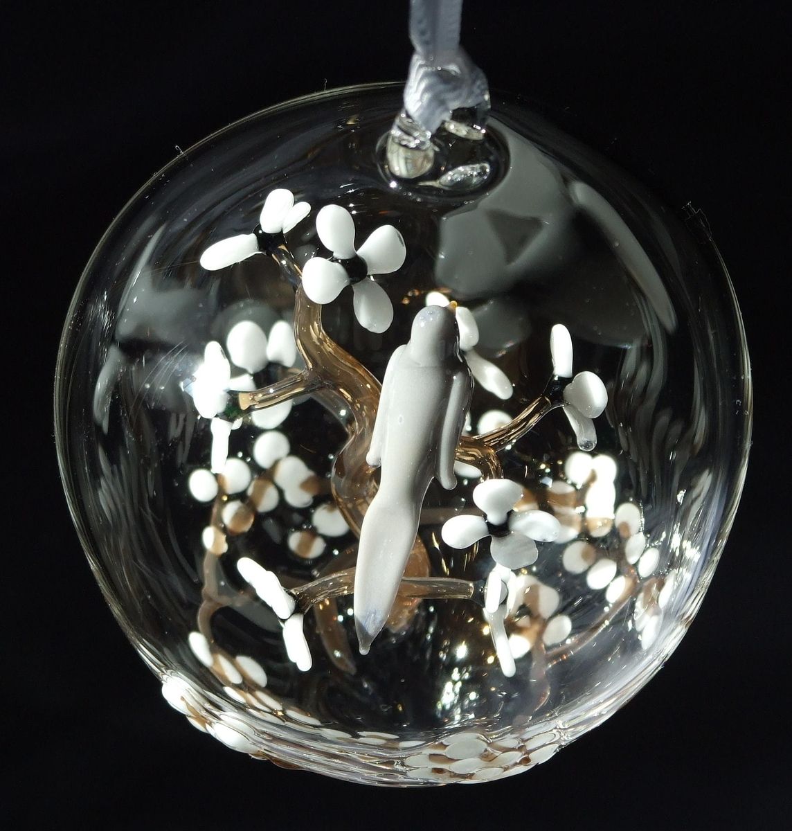 Hand Made Bird And Blossoms. Handblown Glass Ornament by Scherer's