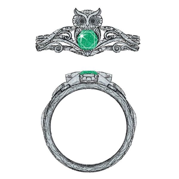 Design for an owl engagement ring with an emerald center stone and feather detailing on the band.