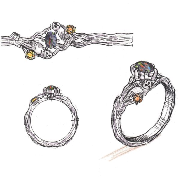 Design sketches for an owl engagement ring with an opal center stone surrounded by a barn owl and an elf owl, which represent the couple.