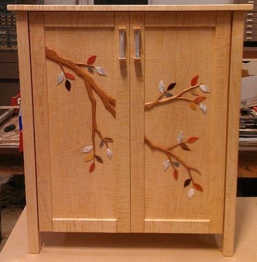 Custom Made Carved Cherry Branch Onlay Mop Leaves Curly Maple Cabinet