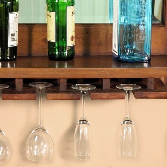Hand Crafted Solid Mahogany Wine Bottle & Glass Rack Hanging Bar Mirror