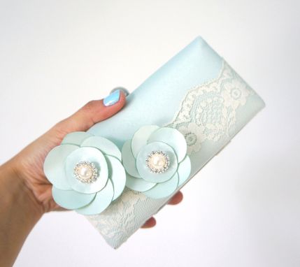 Custom Made Victorian-Inspired Mint Green Clutch Purse With Flower Accents And Lace