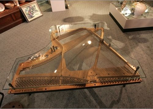 Custom Made Repurposed Piano Harp Table With Custom Glass