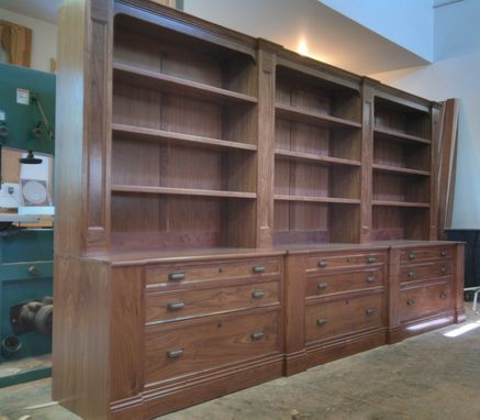 Custom Made Walnut Bookcase With File Drawers.
