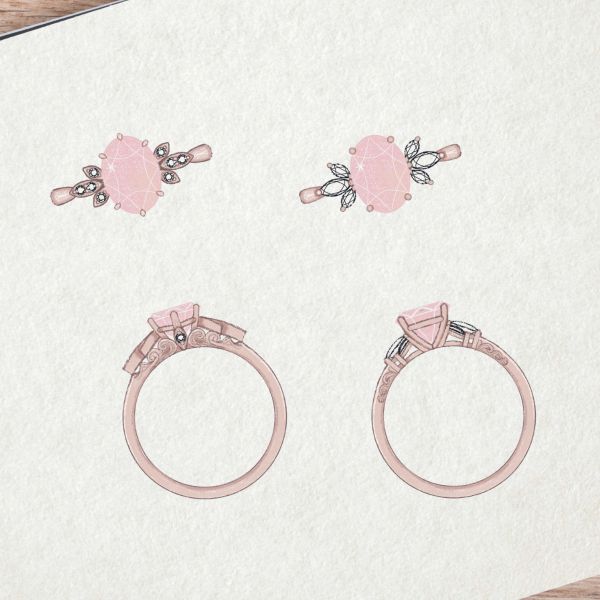 Our team's sketches for a morganite ring with unique side stone settings, designed to capture this customer's guidance on the style and personality of his partner.
