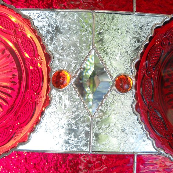 Hand Crafted Stained Glass Plate Panel With Vintage Avon Cape Cod Ruby