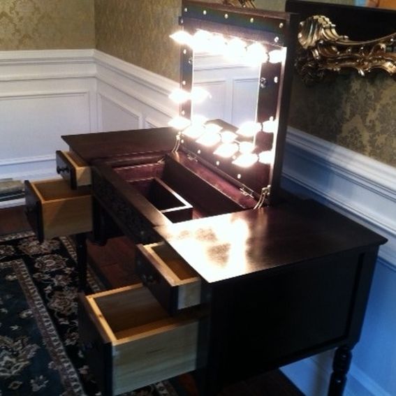 Custom Makeup Vanity W Lighted/Forward Sliding Lift Up Mirror by Wm Pinion Fine Furniture