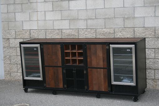 Custom Made Reclaimed Wood Liquor Cabinet, Beverage Center. Refrigerator Unit, Bar, Rustic. Kitchen Island.