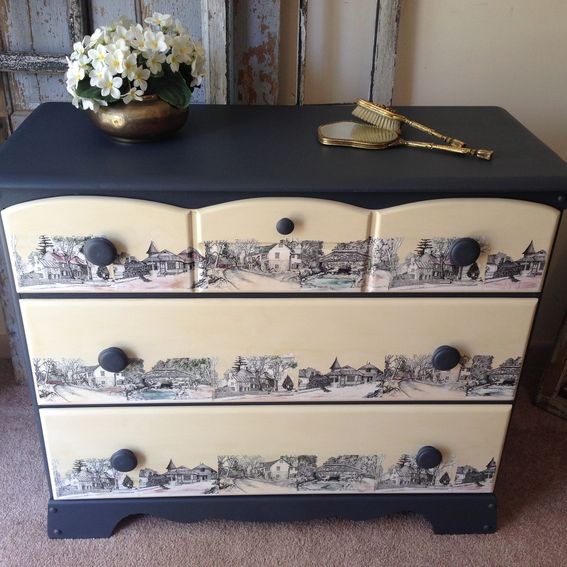 Hand Made Vintage Painted Decoupaged 3 Drawer Dresser by Vintage Hip