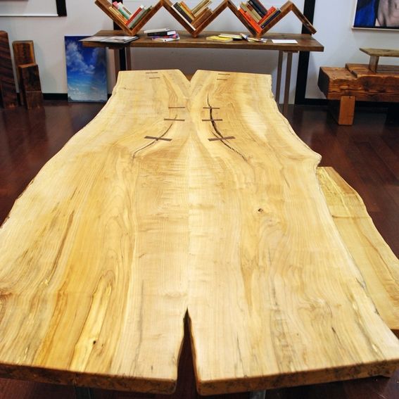 Hand Made Natural Edge Salvaged Maple Slab Dining Table With Butterfly