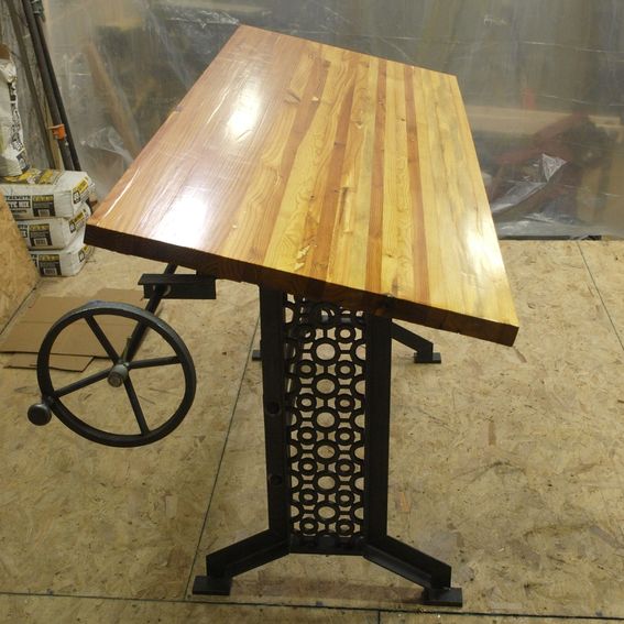 Hand Made Industrial Drafting Desk With Reclaimed Wood Top by