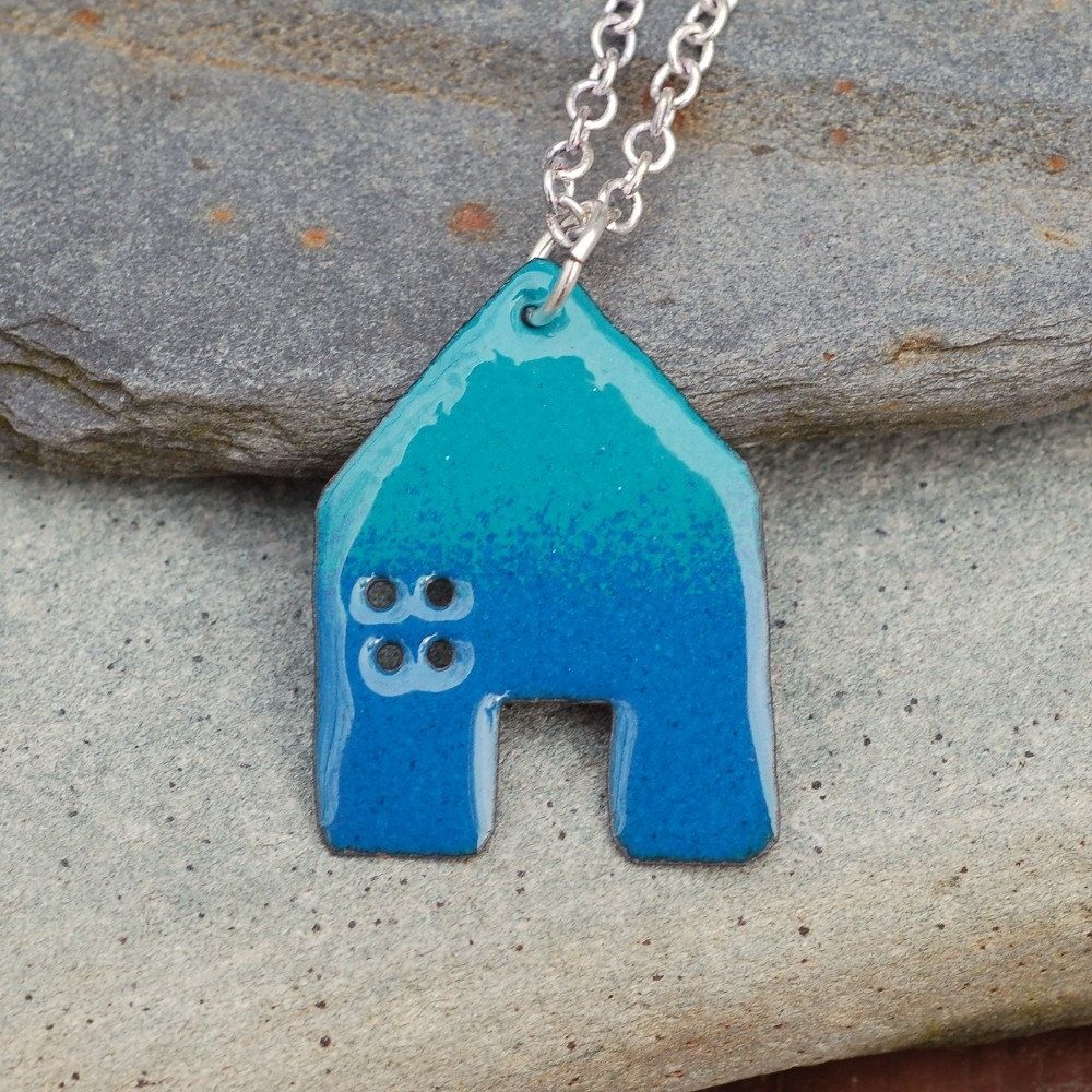 Hand Crafted Enamel House Necklace Pendant Copper Home Enameled Jewelry Blue And Turquoise By 5955