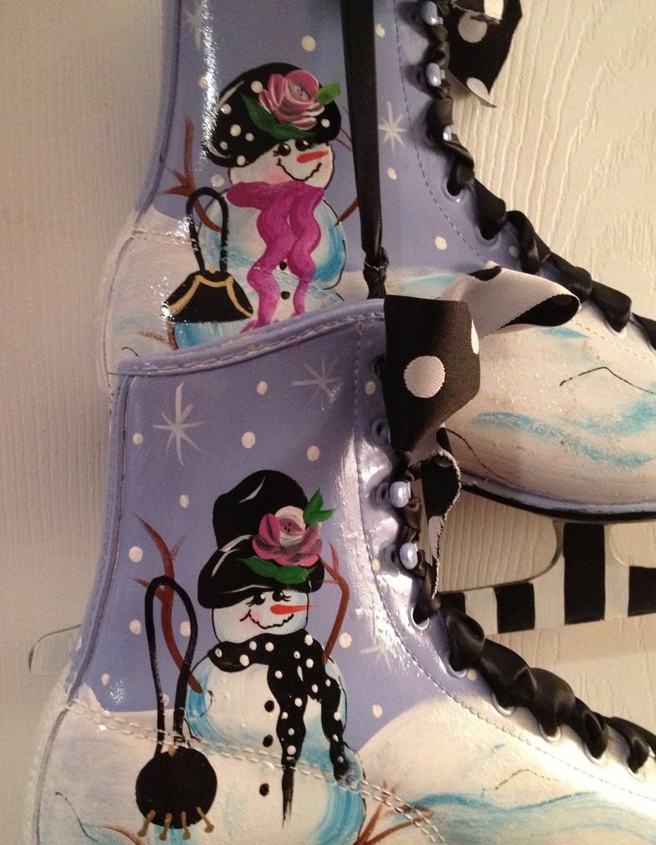 Custom Hand Painted Ice Figure Skates Pair Snowman Snow Lady Ornament