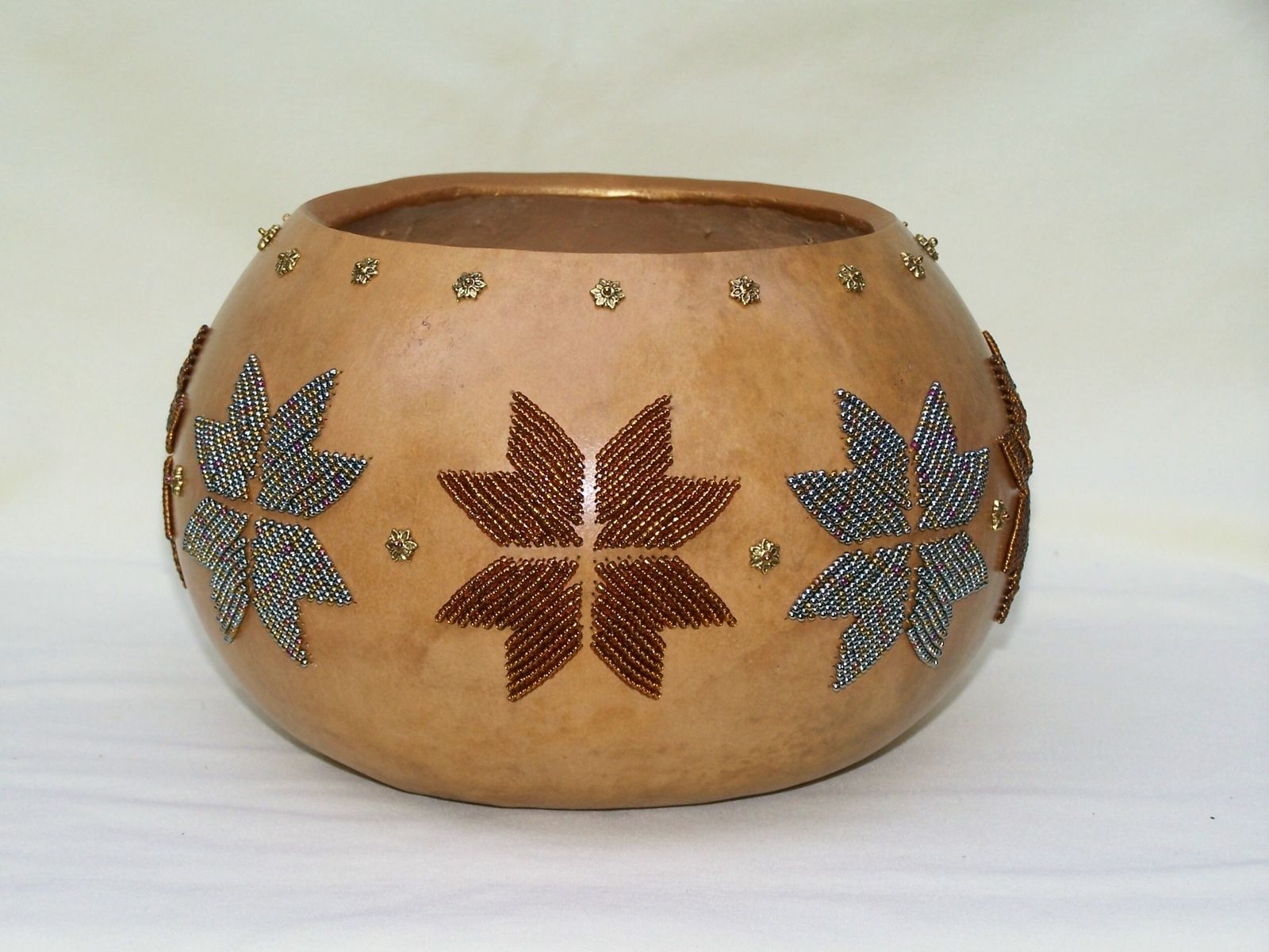 Hand Crafted Metallic Silver & Gold Beaded Gourd Bowl Table Centerpiece