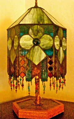 Custom Made Stained Glass Hexagonal Lamp With Fused Glass Elements, Copper Overlays And Glass Bead Strands - Moroccan Lamp