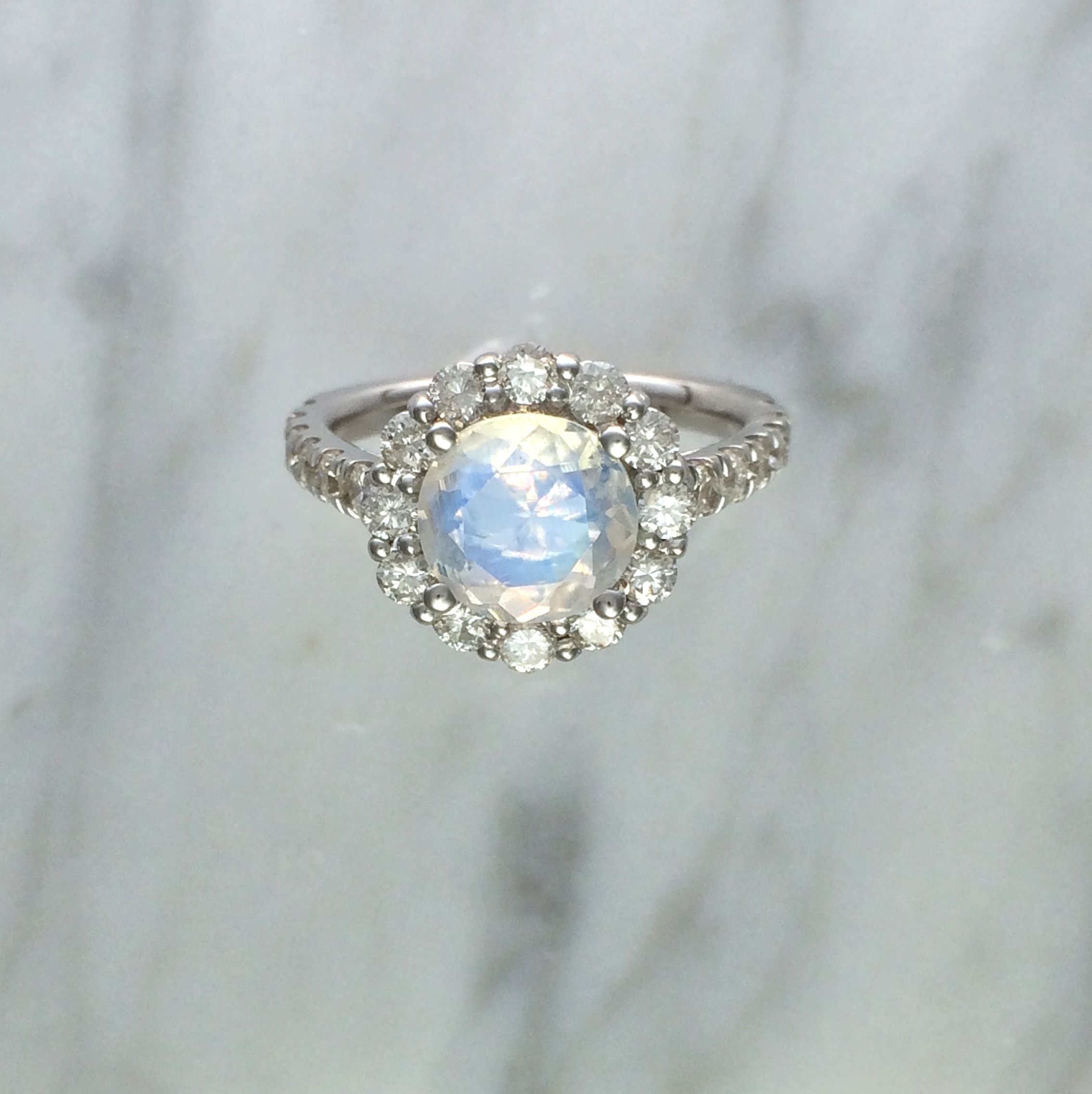Buy A Hand Made Blue Rainbow Faceted Moonstone Diamond Halo Ring K