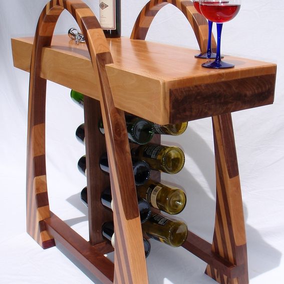 Custom Curved Stripey Wine Rack With Butcher Block Top by Custom Furniture Creations