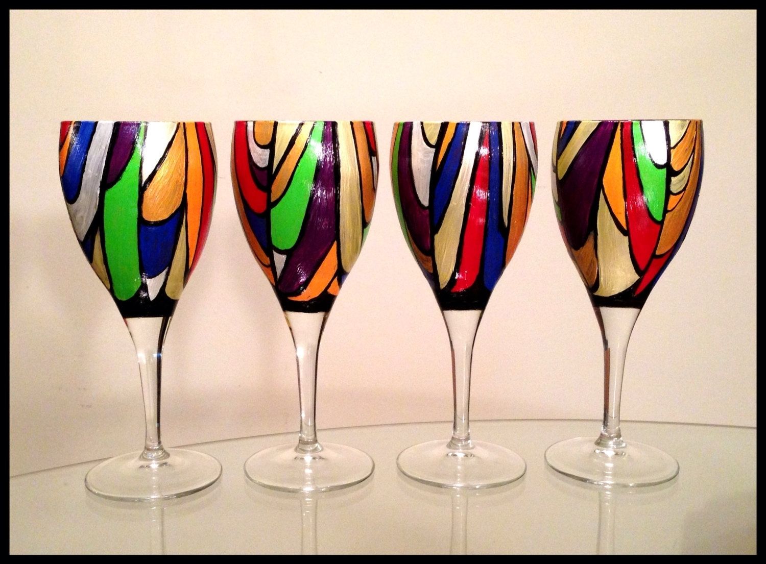 Hand Crafted Hand Painted Wine Glasses. Abstract Colorful Stained Glass