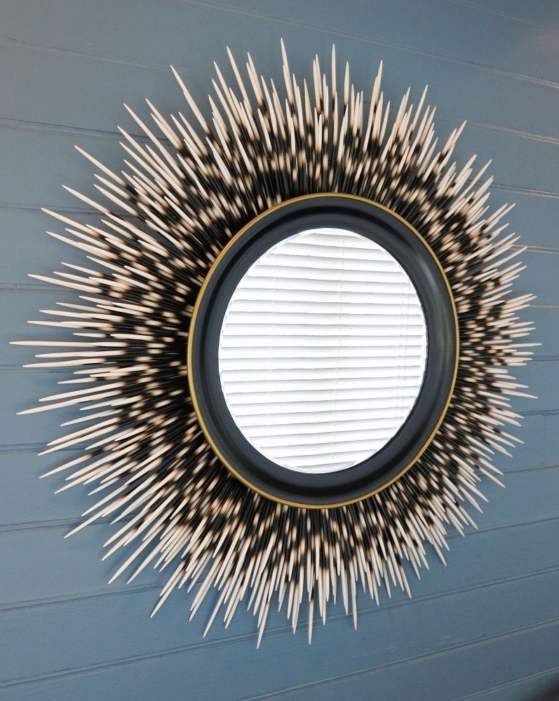 32 Inch ""Porcupine Quill"" Mirror: Ivory Tip With Black Frame And Gold Accent Border