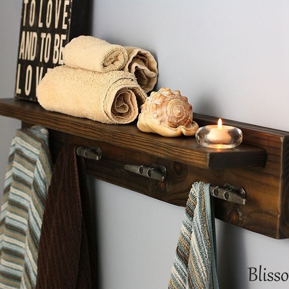 Custom Made Bath Shelf With Boat Cleat Towel Hooks by Blissopia