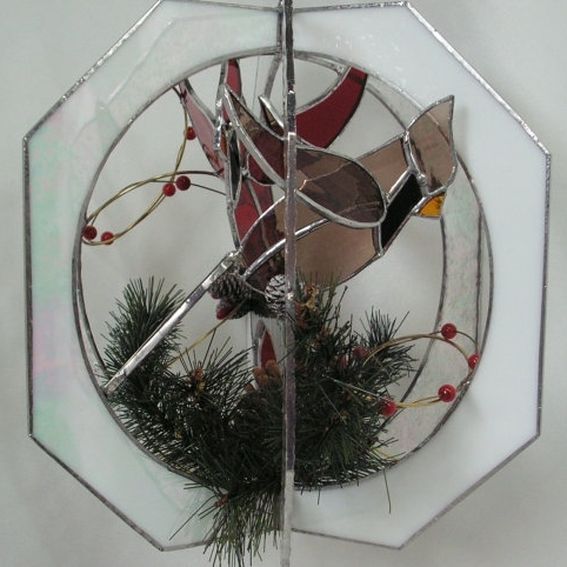 Custom Male And Female Cardinal Stained Glass Ornament by Serendipity Glass Works