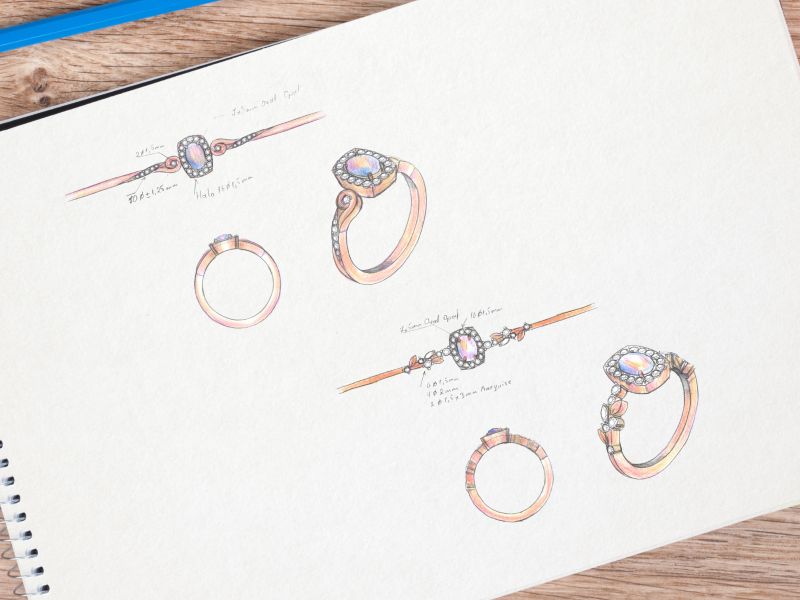 Design sketches our artists created for a rose gold halo ring, featuring an opal center stone.