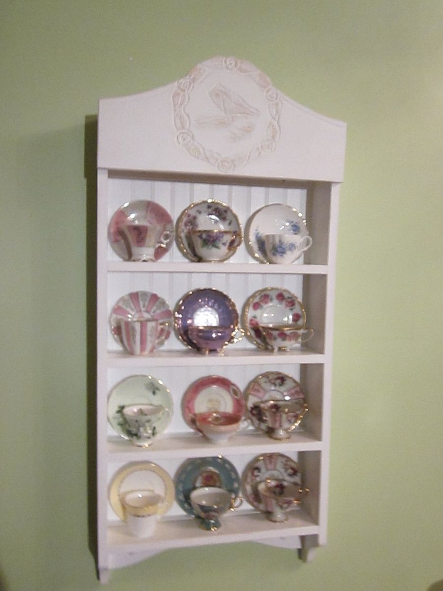 Handmade Tea Cup Shelf. Collectors Shelf, 12 Cup Cardinal Pattern by