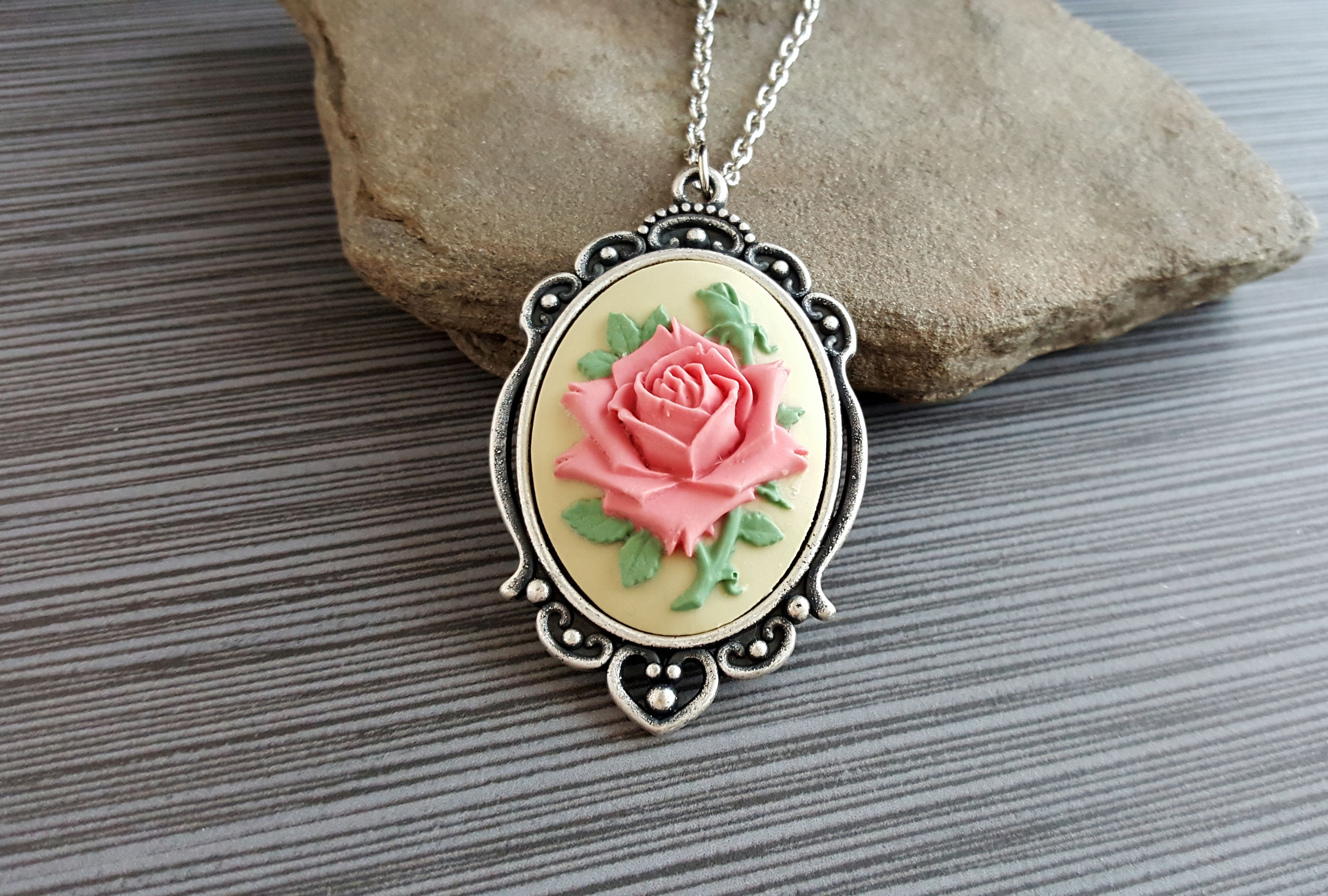 Buy a Custom Handmade Victorian Pink Rose Cameo Necklace, made to order 