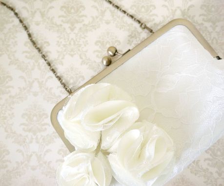 Custom Made Victorian-Inspired Bridal Clutch Purse With Pom Pom Flowers