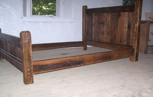 Custom Made Reclaimed Antique Oak Wood Queen Size Rustic Bed Frame With Beveled Posts