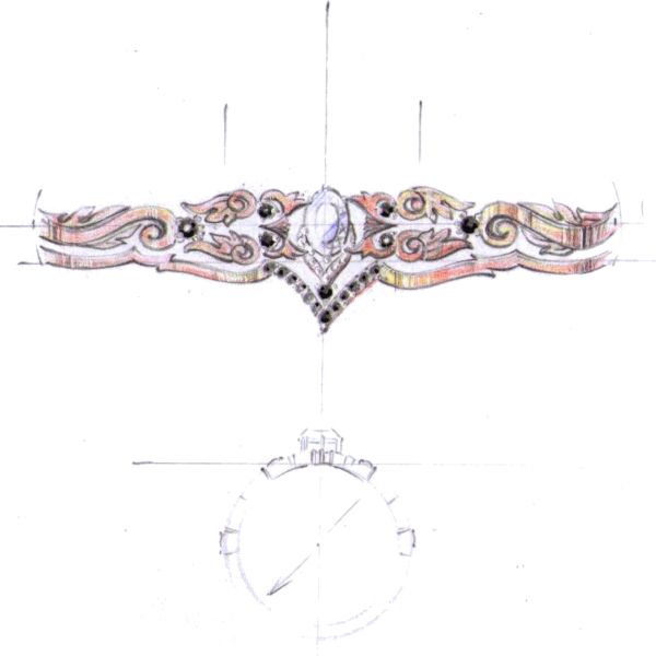 Design sketch for a rose gold bridal set with black diamond accents and owls incorporated in the vintage-inspired filigree.