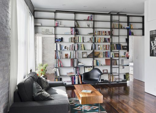 Custom Made Minimal, Blackened-Steel Bookshelves With Rolling Library Ladder