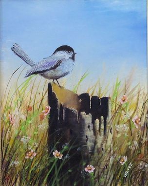 Custom Made Bird Painting, Wildlife Painting: Chickadee On A Tree Stump, Acrylic On Canvas Art For Sale