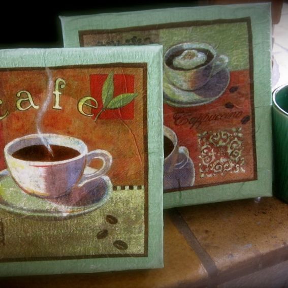 Handmade Cafe, Coffee Cup, Original Decoupage Mixed Media Canvas With