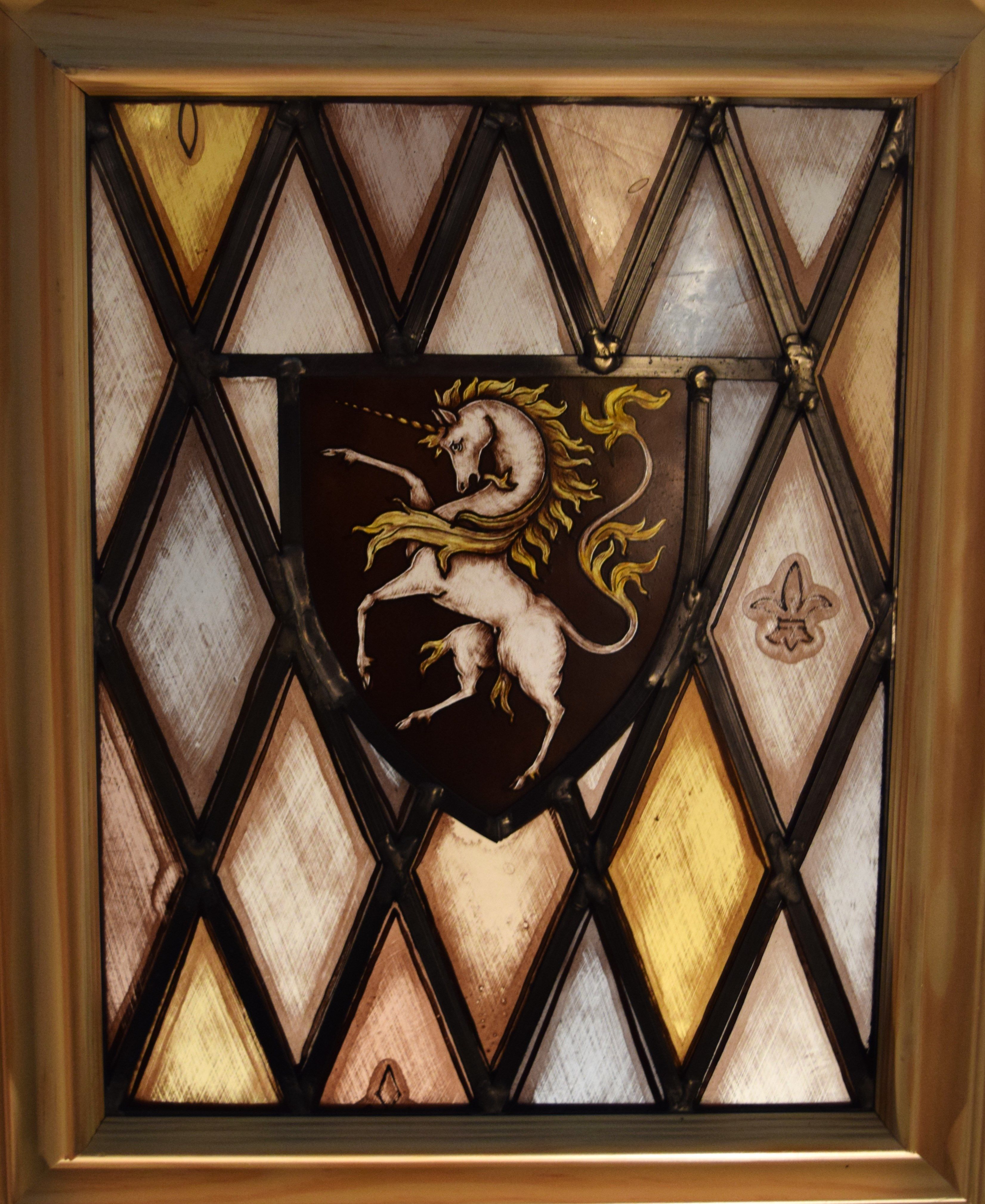 Buy a Hand Crafted Medieval Inspired Stained Glass Unicorn Crest Window