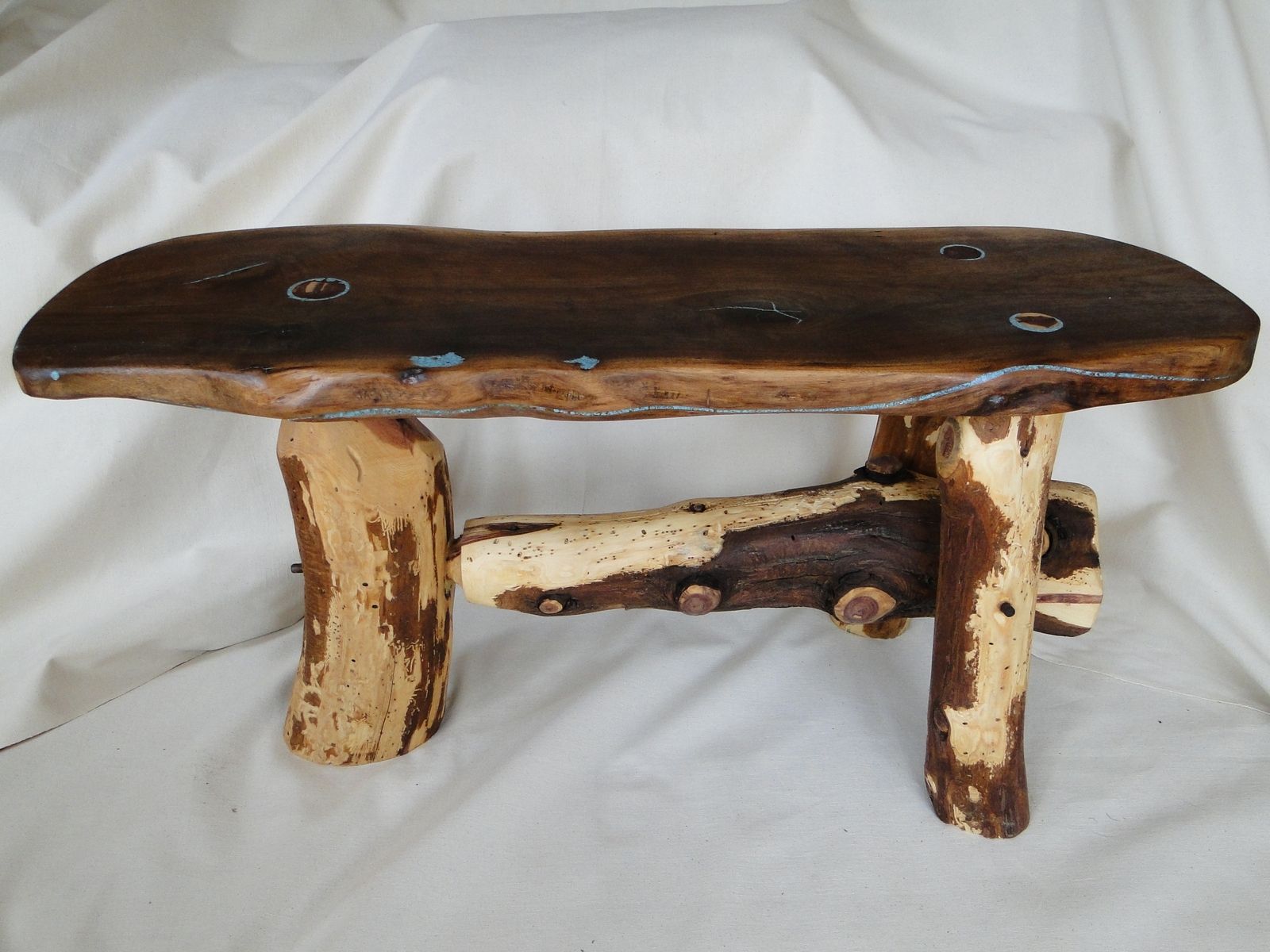 Hand Made Black Walnut Slab Bench With Natural Cedar Legs And Turquoise