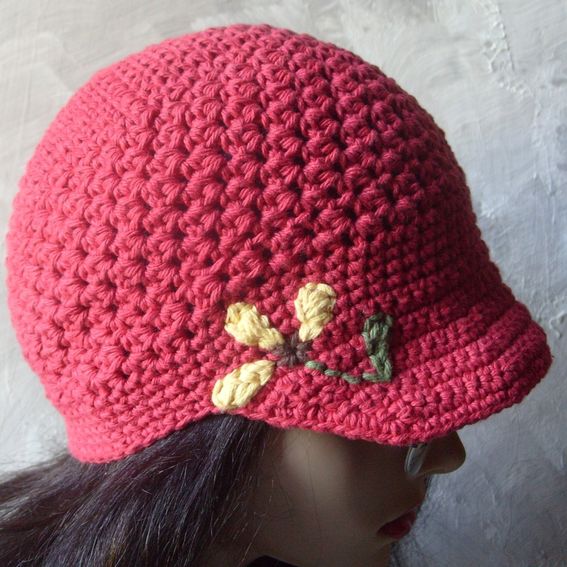Hand Crafted Brimmed Beanie/Newsboy Hat W/Hand Embroidered Flower Country Red by Y A R N C O T