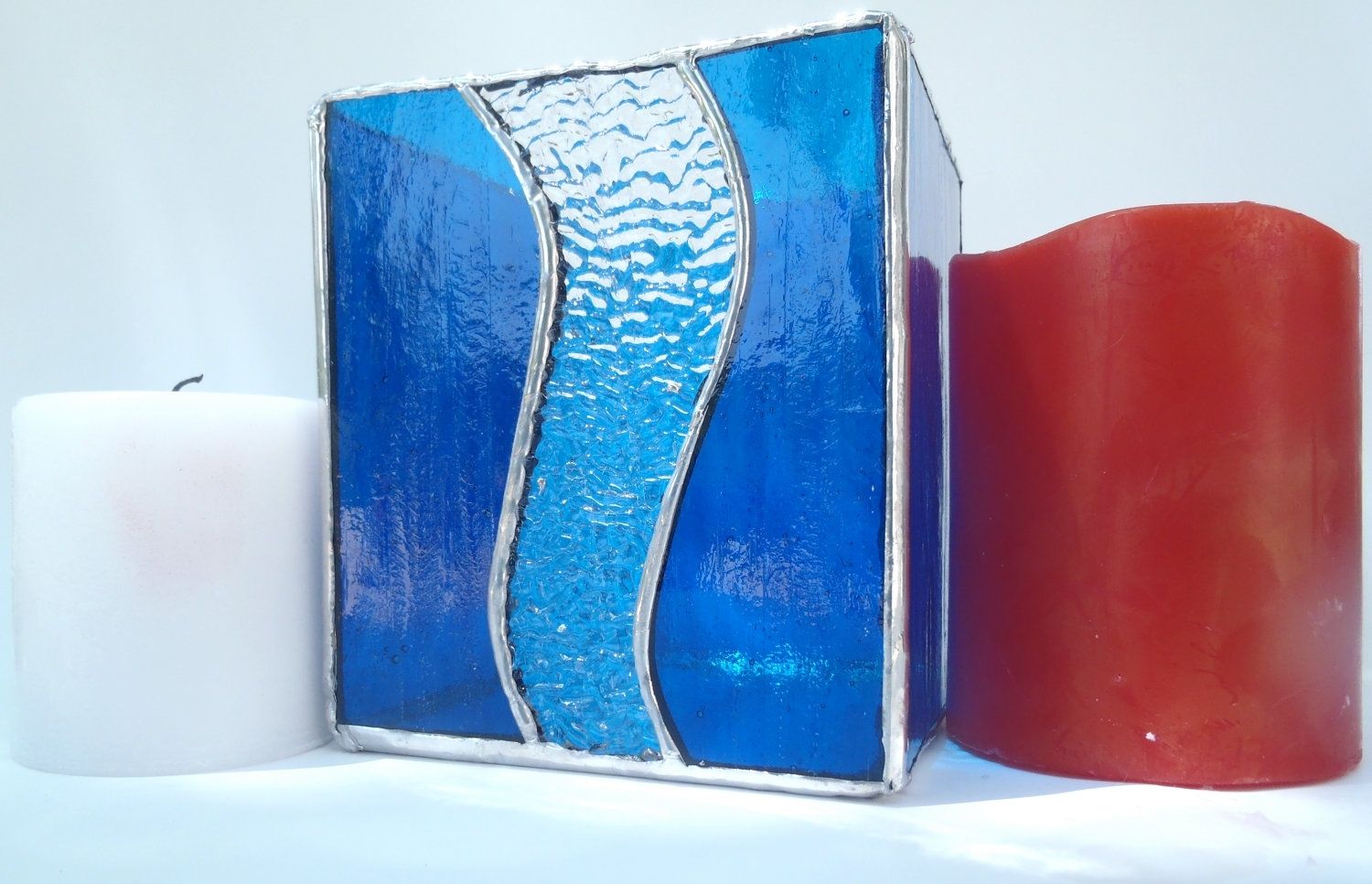 Hand Crafted Blue Pillar Stained Glass Candle Holder by Nostalgia N