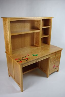 Custom Made Black Cherry And Flower Inlay Desk With Hutch